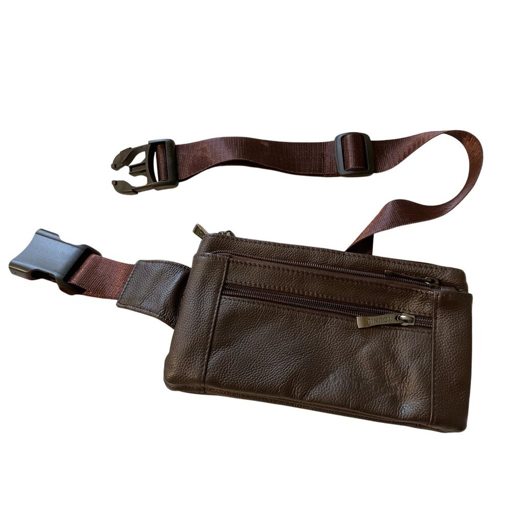 Brown Leather Waist Bag W/ Adjustable Strap & Multiple Zipper Pockets For Hands-